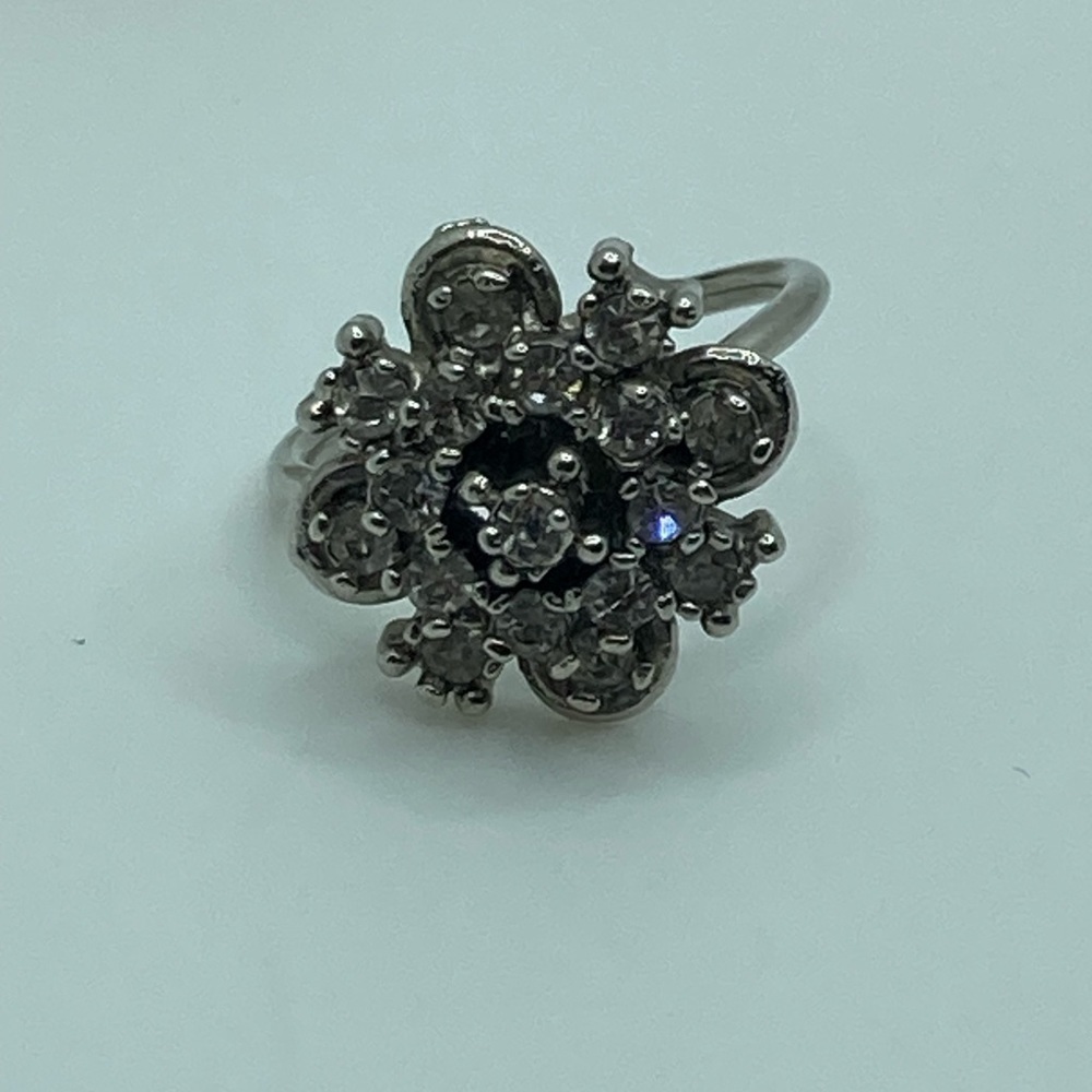 Vtg Silver Tone Rhinestone Floral Flower Cocktail Ring Sz 6.5 - Picture 9 of 14